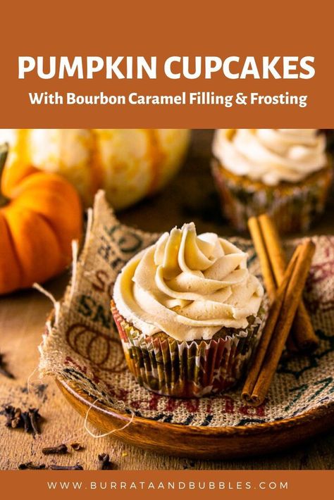 Fall Wedding Cupcakes Ideas, Brown Butter Cake Recipe, Pumpkin Cupcakes Easy, Best Pumpkin Cupcakes, Wedding Cupcakes Ideas, Pumpkin Bake, Fall Wedding Cupcakes, Pumpkin Cupcake Recipes, Bourbon Caramel