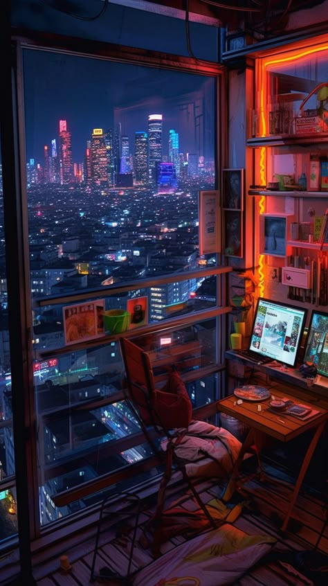 Cyberpunk Cityscape View Running Anime, Cyberpunk Room, Pixel Art Background, City At Night, Cyberpunk City, Computer Room, Girls Red, Fantasy House, Cool Wallpapers Art