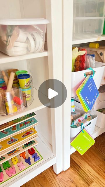 Lauren Carlson ✿ Joy of Creative Play on Instagram: "Comment LINK for the best toy storage solutions ✨

These are my top 5 favorite ways to organize toys and craft items for kids. My goal is to make it clear and easy to see what all is being stored so we don’t have to dump out a bunch of bins to find one toy.

1. Puzzle Rack Hack
This puzzle rack is perfect for keeping puzzles organized and it’s easy see all of them in one place.

2. Play dough Hack
I shared this one the other day and y’all loved it! Using a lazy susan for craft storage makes it easy for kids to access all the supplies.

3. Toy Storage Hack
This is great for play kits that include a guide. You can hook the guide on the handle for ease of use.

4. Small Toy Storage Hack
I mean… it’s not much of a hack, but I prefer having c Small Toy Storage, Best Toy Storage, Kids Closets, Puzzle Organization, Organize Toys, Storage Hack, Toy Storage Solutions, Kids Closet Organization, Ways To Organize