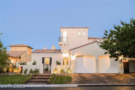 12058 Whitehills St, Las Vegas, NV, 89141 | realtor.com® Outside Fireplace, Vegas Homes, Santa Barbara Style, Las Vegas Luxury, Homes Exterior, Las Vegas Homes, Front Courtyard, Southern Highlands, Shutters Exterior