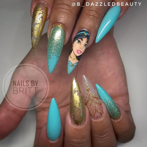 Aladdin Nails, Dip Nails Ideas, Cute Disney Nails, Jasmine Nails, Colourful Acrylic Nails, Quinceanera Nails, Aqua Nails, Animal Nail Art, Easter Nail Art