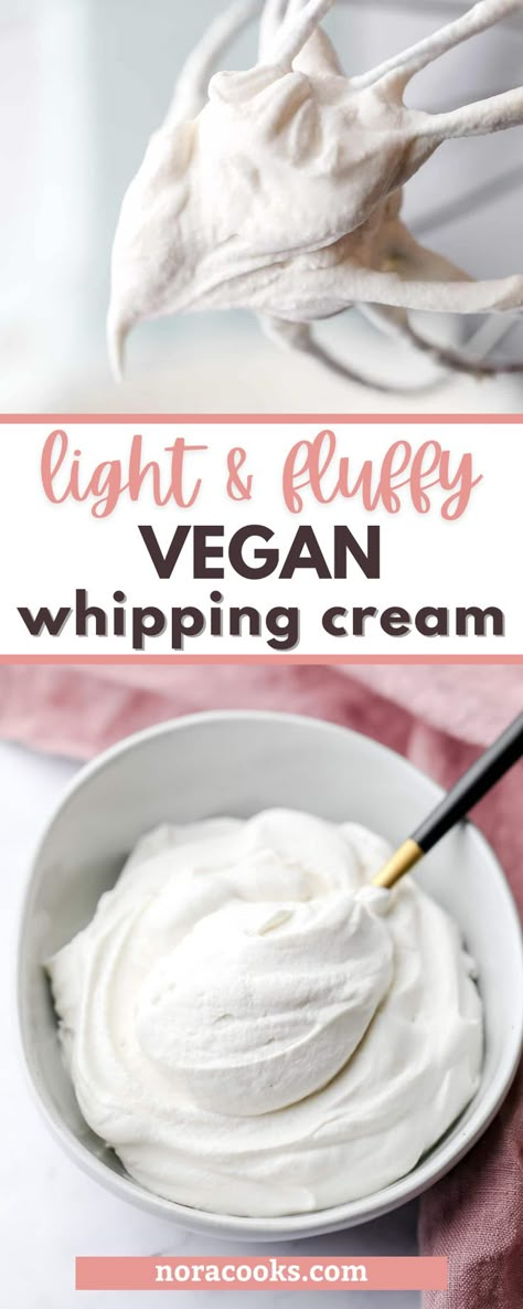 This Light and Fluffy Vegan Whipping Cream is made from 4 simple ingredients and whips up into a light and fluffy vegan whipped cream! You won’t believe it until you’ve tried it! It’s the perfect topping on coconut cream pie, apple crisp, pumpkin pie, and more! Homemade Vegan Whipped Cream, Tofu Whipped Cream, Vegan Whipped Cream Recipe, Oatmilk Whipped Cream Recipe, Oat Milk Whipped Cream, Vegan Whipped Cream Frosting, Vegan Heavy Whipping Cream, Dairy Free Cool Whip, Dairy Free Whipped Topping