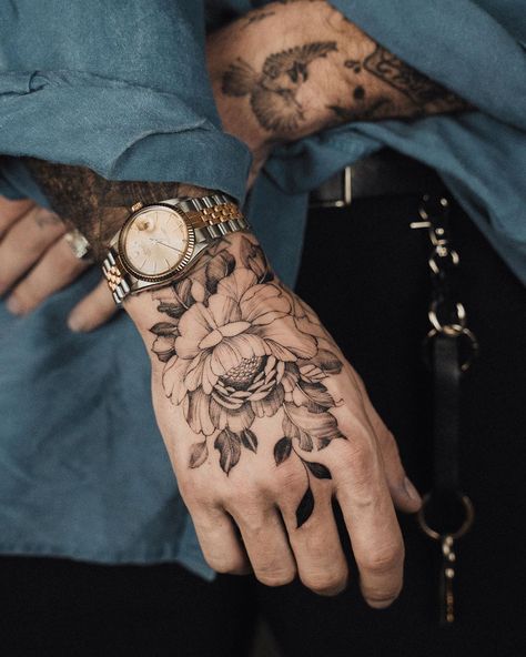 Men’s Flower Hand Tattoo, Detailed Hand Tattoo, Floral Hand Tattoo Men, Flowers On Hand Tattoo, Flower Hand Tattoo Men, Hand Piece Tattoo, Realism Hand Tattoo, Upper Hand Tattoo, Whole Hand Tattoos