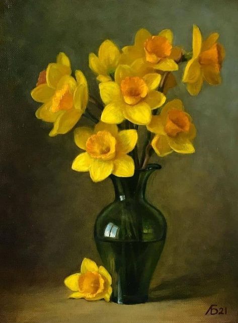 Daffodil Oil Painting, Flower Painting Canvas, Hanging Paintings, Oil Painting Flowers, Still Life Art, Flower Canvas, Flower Art Painting, Arte Floral, Art Reference Photos