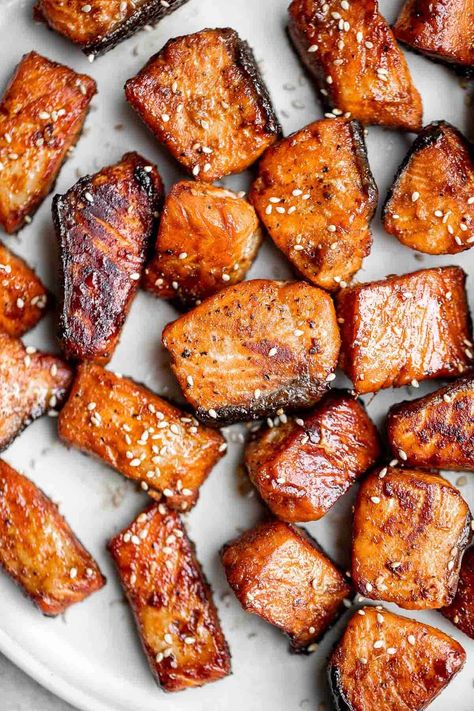 Salmon Bites - Ahead of Thyme Non Messy Finger Foods, Asian Glaze, Baked Sweet Potato Wedges, Wine Flight, Baked Coconut Shrimp, Adult Snacks, Summer Appetizers, Fresh Appetizers, Bacon Wrapped Chicken Bites