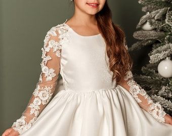 Flower Girl Dresses Long Sleeve, Long Sleeve Flower Girl Dress, White Communion Dress, Ivory Girls Dress, Girls Communion Dresses, Satin Flower Girl Dress, Long Train Wedding Dress, Ivory Flower Girl Dresses, Toddler Flower Girl Dresses