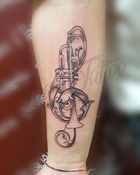 Trumpet Tattoo Ideas, Saxophone Tattoo, Trumpet Tattoo, Violin Tattoo, Treble Clef Tattoo, Belle Tattoo, Shoulder Cap Tattoo, Minimalist Tattoo Ideas, Nails Tattoo