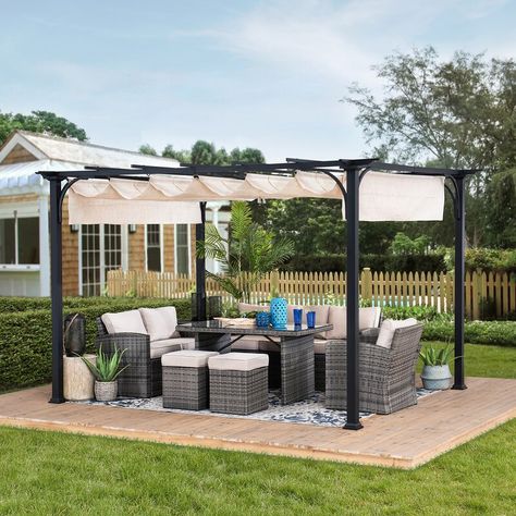 Classic Pergola, Pergola With Canopy, Backyard Wall, Pergola Metal, Retractable Shade, Steel Pergola, Outdoor Structure, Retractable Pergola, Pergola Ideas