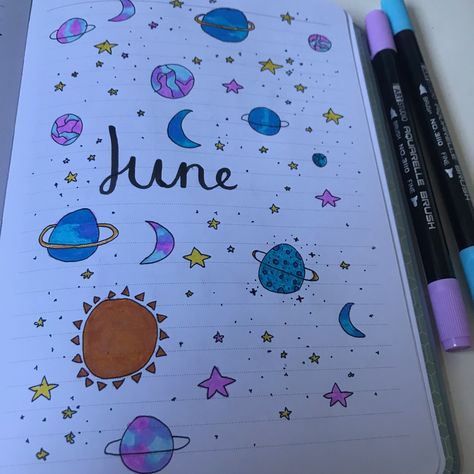 Space/galaxy inspired bullet journal cover page. Art In School, June Bullet Journal, Journal Cover Page, Bullet Journal Cover, Food Vocabulary, Bullet Journal Cover Page, Nutritional Snacks, Toddler Worksheets, My Hobbies