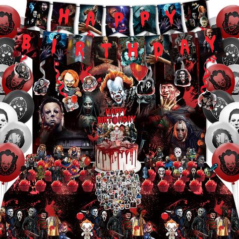 PRICES MAY VARY. Horror Movie Birthday Party Decorations: You will get 105Pcs horror party party decorations set Includes happy birthday banner×1, cake topper×1, cupcake toppers×24, latex balloons×20, Hanging×7, backdrop×1, stickers×50, tablecloth×1 for your perfect birthday party decorations. Enjoy Party & Save Time: Our horror movie party decorations set are disposable, do not need to wash. Just enjoy your party time with your friends or family.This horror party decorations will make your part Horror Movie Birthday Party, Horror Party Decorations, Halloween Theme Birthday Party, 20 Birthday Party, Scary Birthday, Movie Party Decorations, Adult Halloween Party Decorations, Horror Birthday, Halloween Theme Birthday