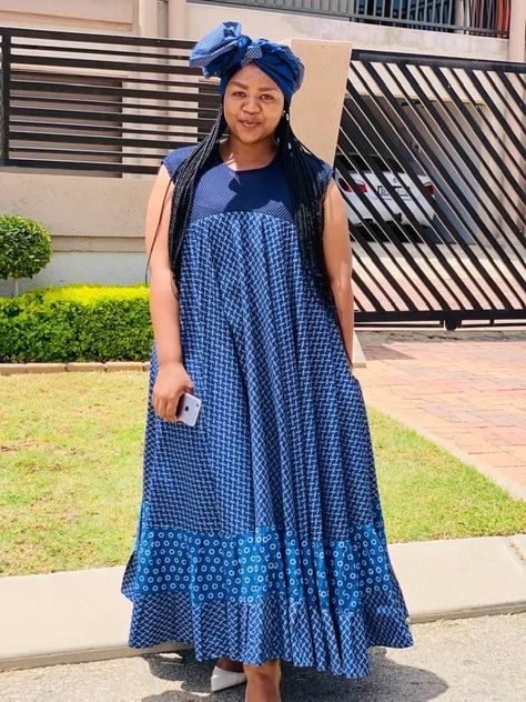 Shweshwe Dresses Shweshwe Dresses Patterns, Tswana Traditional Attire For Women, Sishweshwe Designs Dresses, Sotho Traditional Dresses, Tswana Traditional Dresses, Headwrap Styles, South African Traditional Dresses, African Traditional Wear, Shweshwe Dresses