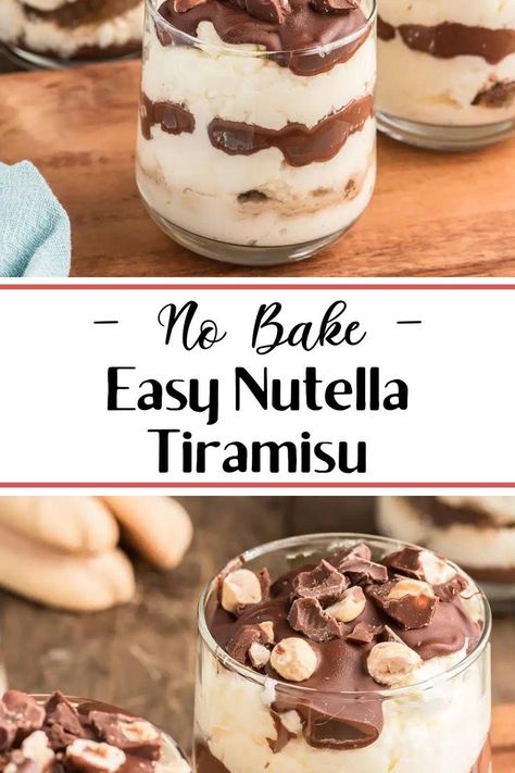 No-bake easy Nutella tiramisu has classic Italian dessert taste but is served parfait style! Everyone will love these individualized treats that are layered with sweet mascarpone, coffee infused ladyfingers and Nutella. An easy no bake dessert recipe that is perfect for summer or any time you don't want to turn on your oven! Nutella Tiramisu, Fruit Parfaits, Desserts Simple, Bake Easy, Simple Cakes, Fruit Parfait, Things To Bake, Italian Dessert, Easy No Bake Desserts