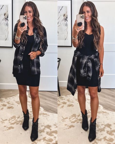 Western Boots, Plaid flannel button down, black dress, Fall Outfit Idea Plaid Shirt And Dress Outfit, Black Dress Plaid Shirt, Black Dress With Oversized Shirt, Flannel Shirt Over Dress, Dress With Flannel Around Waist, Dresses With Short Boots, Flannel With Dress, Black Dress With Flannel, Combat Boots Outfit Fall