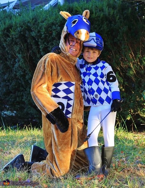 Adam: Son (Caleb) is wearing a put-together jockey costume from many different parts, including rain boots, a jocket shirt, a cover for his bike helmet, leggings, felt additions (with glue), and... Toddler Jockey Costume, Baby Jockey Costume, Jockey Outfit, Jockey Costume, Horse Suit, Derby Ideas, Halloween Express, Gala Ideas, Horse Costumes