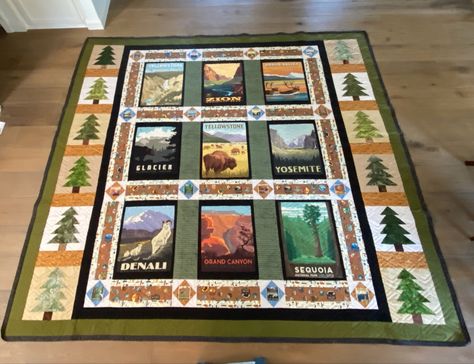 My first quilt using panels… and no pattern! Just made it up as I went along… Lol… I’ve decided I like using a pattern… This was too hard to figure out… glad its almost done… just need to hand stitch the back side of binding… National Parks Quilt, National Park Quilt Blocks, National Park Quilt, Camping Quilt, How To Stay Warm, Panel Quilt Patterns, Sew Crafts, Quilt Panels, Sunflower Quilts