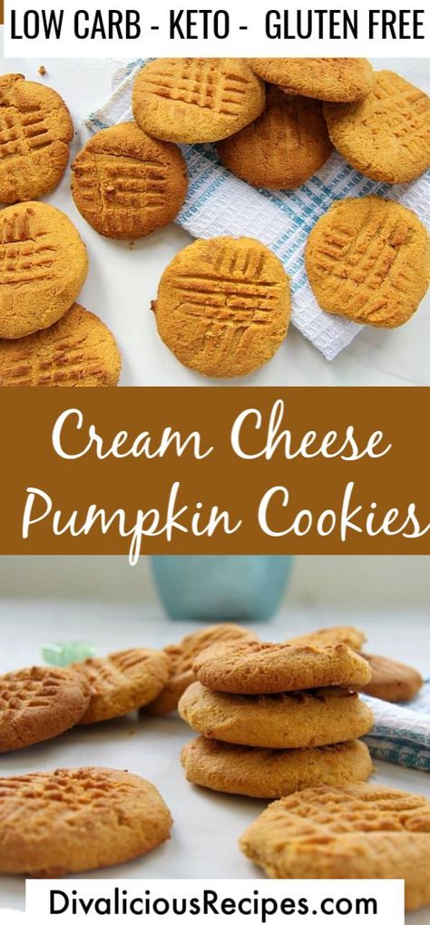 Easy low carb pumpkin cookies baked with cream cheese are a melt in your mouth cookie.  #cookie #pumpkin #lowcarb #creamcheese #keto #glutenfree #sugarfree Keto Pumpkin Biscotti, Keto Cookies Pumpkin, Pumpkin Cookies Keto Recipes, Keto Pumpkin Cookies Chocolate Chips, Keto Pumpkin Snickerdoodles, Pumpkin Keto Recipes Easy, Low Carb Pumpkin Recipes Easy, Keto Pumpkin Cheesecake Cookies, No Carb Pumpkin Dessert