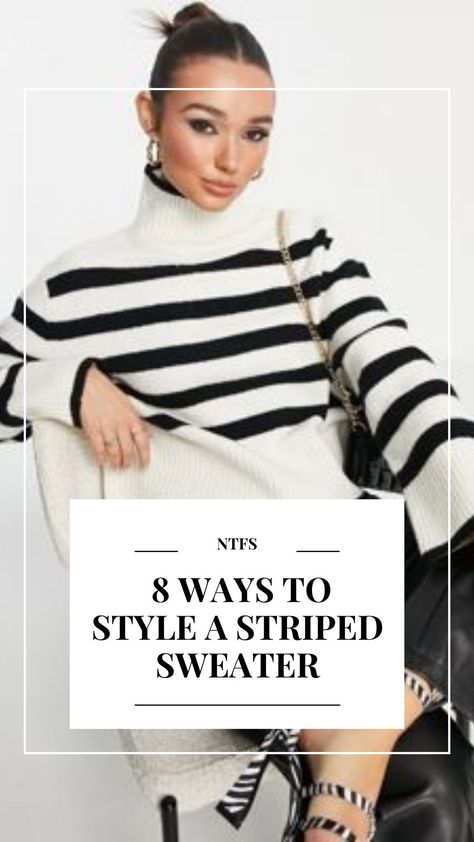 Black And White Stripe Knit Sweater Outfit, H&m Striped Sweater, Oversized Black And White Striped Sweater, Strip Sweater Outfit Black And White, Black And White Striped Jersey Outfit, Cream And Navy Striped Sweater Outfit, Stripe Sweater Outfit Winter, Striped Zara Sweater, Styling Striped Sweater