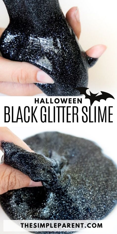 Celebate Halloween with easy to make glitter slime! Black slime is perfect for spooky fun with the kids. Use contact solution to make this easy slime recipe. Halloween Slime Recipe Easy, Halloween Slime Diy, Halloween Slime Station, Spooky Slime Recipe, Ghost Slime Recipe, Chia Slime Sensory, Halloween Slime Ideas, Spider Web Slime, Fun Slime Recipes