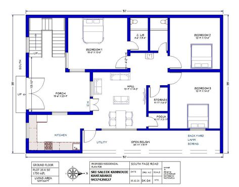 35X50 HOUSE PLAN AS PER VASTU SOUTH FACE 35x50 House Plans, 30x40 House Plans, Building House Plans Designs, Building House, Home Design Plans, Plan Design, House Plan, House Plans, Floor Plans