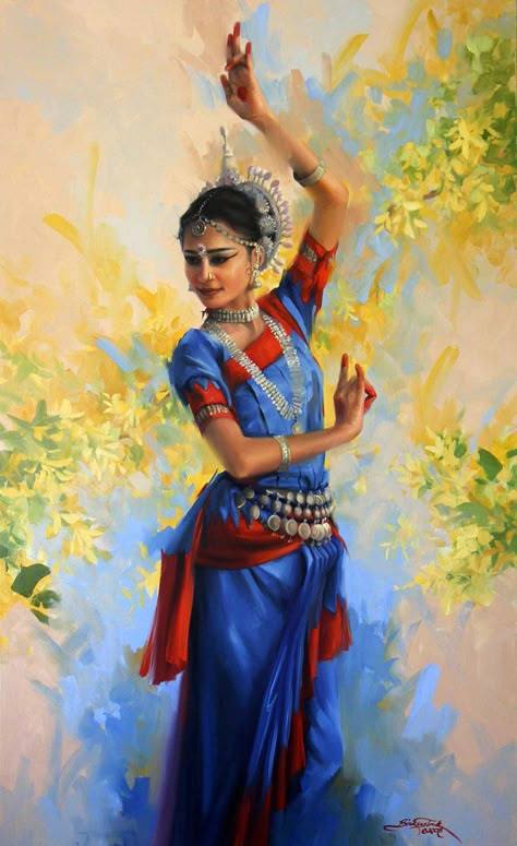 7 Odissi Dance, Birkenstock, Oil Painting, India, Red, Blue