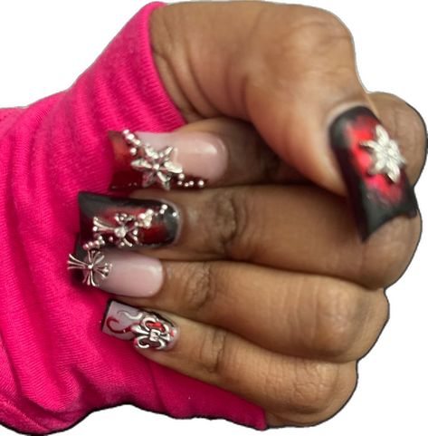 Duckies Nails Y2k, Black And Red Duck Nails, Emo Duck Nails, Y2k Duck Nails Short, Y2k Nails Duck, Exotic Duck Nails, Duck Nail Designs Y2k, 2000s Duck Nails, Green Duck Nails