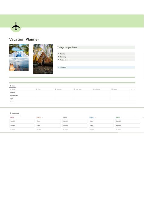 Notion Vacation Template, Notion Template Dashboard, Notion Ideas, Travel Planner Template, Vacation Planner, Notion Template, Green Theme, Travel Checklist, Air B And B