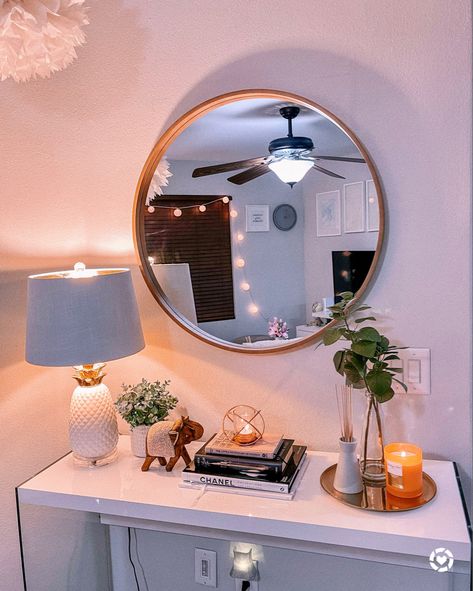 Mirror By Bed, Target Round Mirror, Gold Circle Mirror, Desk Idea, Glam Bedroom Decor, Modern Room Decor, Bedroom Decor For Teen Girls, Circle Mirror, Cute Desk