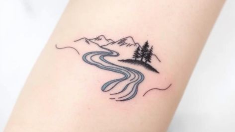 15 Rivers Minimal Tattoos to Let Your Ink Flow Freely Moon River Tattoo Ideas, Winding Road Tattoo, Lake Tattoo Simple, River Tattoo Ideas, River Tattoos, Stream Tattoo, Trail Tattoo, River Tattoo, Lake Tattoo