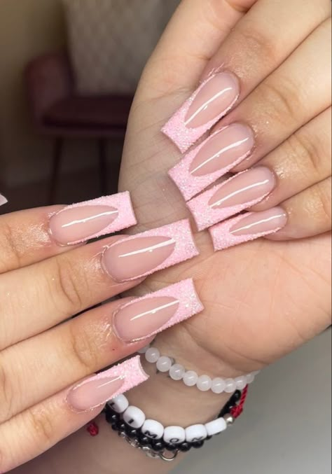 Light Pink Glitter French Tip Nails, Cute Pink Glitter Nails, Light Pink And Silver Nails Prom, Pink Glitter Nails Coffin, Pink Sugar Nails, Homecoming Nails Pink, Light Pink Birthday Nails, Pink Glitter Acrylics, Sparkly Pink Acrylic Nails