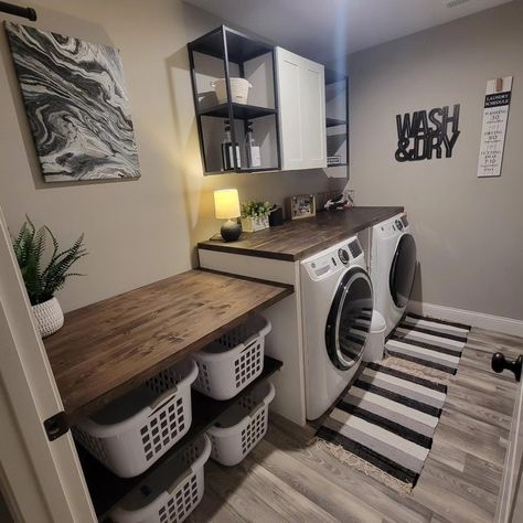 A laundry room can be enjoyable while still being practical. Put the fun back into functional by making your laundry room a relaxing space. Laundry Area In Basement Ideas, Downstairs Laundry Room Ideas, Laundry Room Bedroom Combo, Laundry Room Design With Shiplap, Single Wide Laundry Room Ideas, Laundry Room Ideas Basement Unfinished, Laundry Room Work Station, Walk In Pantry And Laundry Room, Sunroom Laundry Room Combo