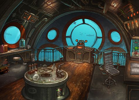 Contract Artwork | Matt Gaser Nautilus Submarine Interior, Steampunk Submarine Interior, Underwater Bunker, Ship Control Room, Futuristic Submarine, Cartoon Submarine, Submarine Interior, Ville Steampunk, Submarine Craft