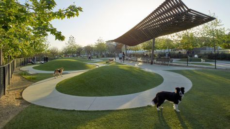 Playa Vista Bluff Creek Park | OJB Landscape Architecture Small Dog Park, Pet Park Architecture, Dog Park Design Landscape Architecture, Dog Park Design Architecture, Dog Park Architecture, Rooftop Dog Park, Private Dog Park, Park Shade Structure, Dog Park Design