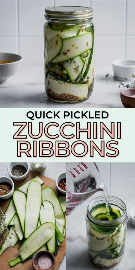 Refrigerator Pickled Zucchini, an easy pickled zucchini recipe that's eco-friendly and ready in just a few hours. Simply slice zucchini and place them in a jar with spices and a hot vinegar and water brine. Let sit in the refrigerator for at least 2 hours before enjoying it as a snack, side dish, or condiment. It's vegan, gluten-free, and it lasts for up to one month when kept in the refrigerator. Give it a try and let us know what you think! Zucchini Refrigerator Pickles, Pickle Zucchini, Pickled Courgette Recipe, Pickled Zucchini Refrigerator, Pickling Zucchini Canning Recipes, Pickled Squash And Zucchini, Zuchinis Recipe Canning, Zucchini Pickles Recipes, Pickled Zucchini Recipes