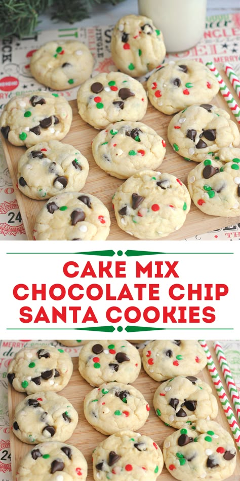 Christmas Funfetti Cake Mix Cookies, Lazy Christmas Dinner, Cookies Using Chocolate Chips, Christmas Dinners For A Crowd, Dessert Gift Ideas, Chrismast Dessert, Quick Christmas Treats, Santa Cookie Recipe, Cake Cookies Recipe