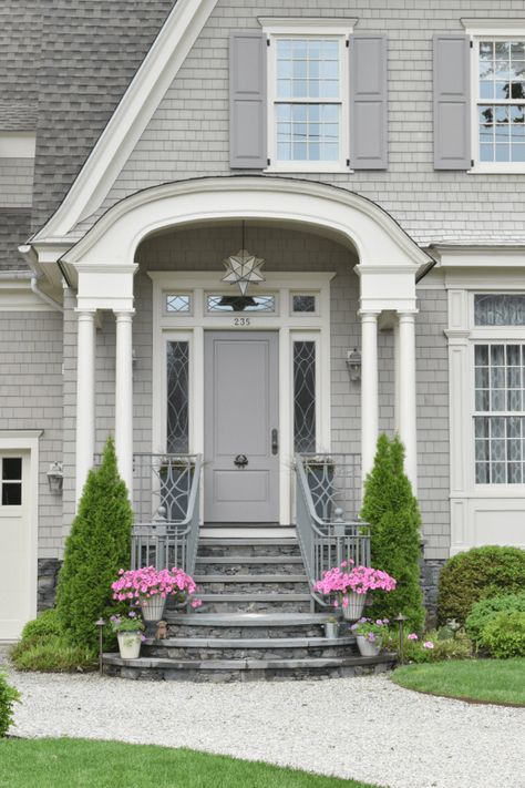 New England Homes Exterior, New England Home Exterior, Grey Exterior House Colors, Colonial House Exteriors, Gray House Exterior, Exterior House Colors Combinations, House Paint Color Combination, Paint Color Ideas, Gray House