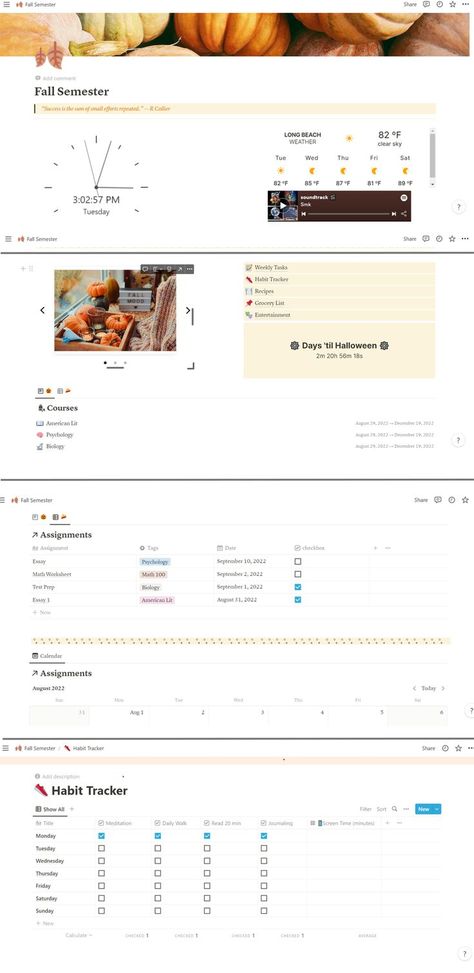 Fall Notion Template, Halloween Notion Template, Fall Notion, Autumn Notion Template, College Application Notion Template, Notion School Planner, Simple Notion Template For Students, Notion Assignment Tracker, Media Planner