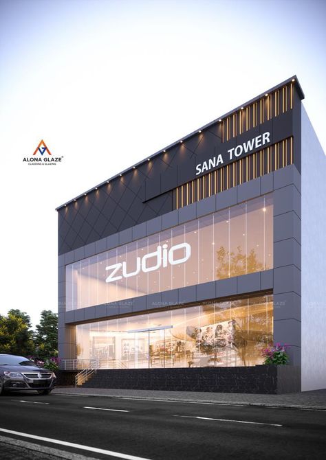 Retail Building Facade, Showroom Facade Design Store Fronts, Front Elevation Commercial Building, Acp Facade Design Commercial, Modern Commercial Building Facade Design, Gym Facade Design, Shopping Complex Elevation, Comercial Elevation Design, Showroom Elevation Design