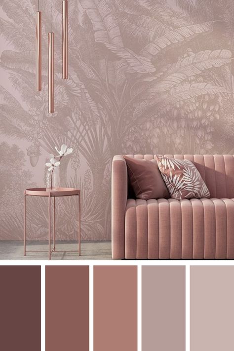 The dusty pink color palette in this interior design setting blends soft, muted pinks in the sofa and wallpaper, creating a stylish and calm living space. The light tones paired with delicate details evoke a peaceful and modern ambiance. Dusty Rose Living Room Decor, Beige Pink Color Palette, Dusty Rose Living Room, Dusty Pink Office, Dusty Pink Living Room, Dusty Pink Palette, Dusty Pink Color Palette, Dusty Rose Color Palette, Apartment Color Palette