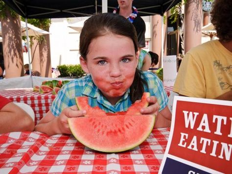 Watermelon eating competition at the Midtown Farmers Market in North Hills, Raleigh. Courtesy of WRAL North Hills, Field Day, 4th July, Raleigh Nc, Farmers Market, 4th Of July, Watermelon