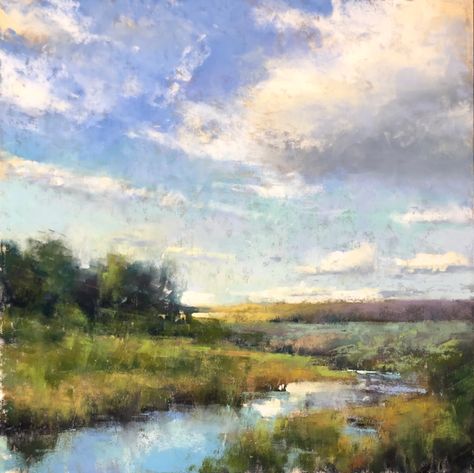 Country Landscape Paintings, Mini Landscape Paintings, Pastel Landscape Paintings, Linda Kemp, Pastel Landscapes, Pastel Inspiration, Landscape Reference, River Landscape, Pastel Landscape