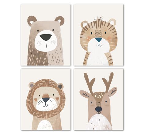 PRICES MAY VARY. These cute animal pictures are designed and coordinated for baby rooms and children's rooms in light natural tones, neutral colors, gray and beige colors. Baby room idea - Create a friendly and cozy room for children with these cute Africa safari animal posters. These unique happy baby animal motifs will make you and your children smile. The prints are very high quality and the premium paper is thick and strong. The pictures have no odor and are perfect for children's rooms. Bir Jungle Animals Pictures, Safari Theme Nursery, Animal Mural, Safari Print, Animal Room, Baby Room Design, Animal Posters, Room Decorations, Playroom Decor