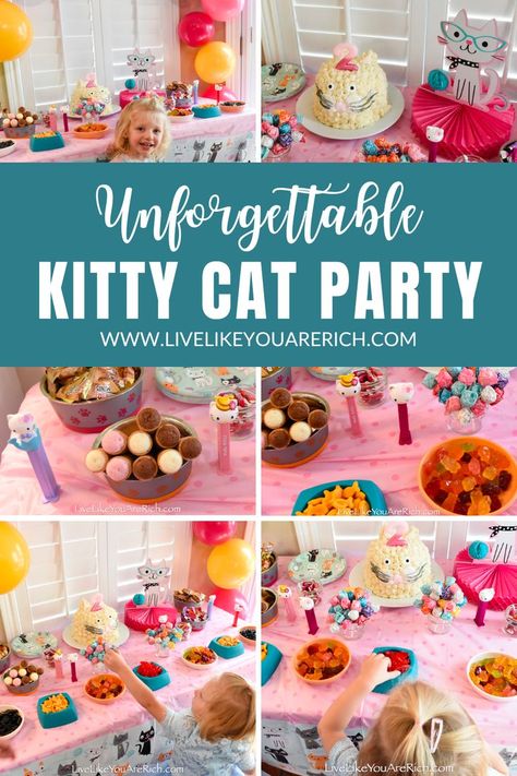 Does your little one love cats? Get inspired by the purr-fect kitty cat-themed party we threw for our daughter's second birthday. It was a big hit and cost less than $60! Tailor it to your taste and budget and create lifelong memories for your child. Cat Party Ideas Decorations, Cat Themed Party Ideas, Kitty Birthday Theme, Gabby Cat Birthday Party Food, Cat Themed Bday Party, Kids Cat Birthday Party, Rainbow Cat Birthday Party, Kitten 2nd Birthday Party, Super Kitties Birthday Party Ideas