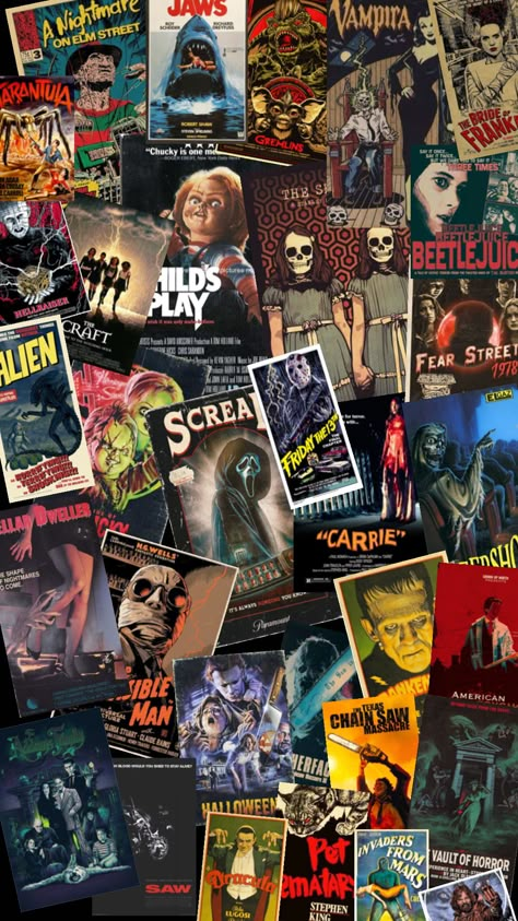 #myfirstshuffle Horror Movie Wall Collage, Horror Movie Lockscreen Aesthetic, Horror Characters Background, Horror Ipad Wallpaper, Horror Movie Moodboard, 80s Horror Aesthetic Wallpaper, Horror Movie Collage Wallpaper, Retro Horror Wallpaper, Horror Movie Background