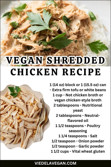 Vegan Shredded Chicken Recipe Vegan Shredded Chicken, Shredded Chicken Recipe, Vegan Meat Recipe, Vegan Meat, Vegan Chicken, Shredded Chicken Recipes, Vital Wheat Gluten, Vegan Salad Recipes, Extra Firm Tofu