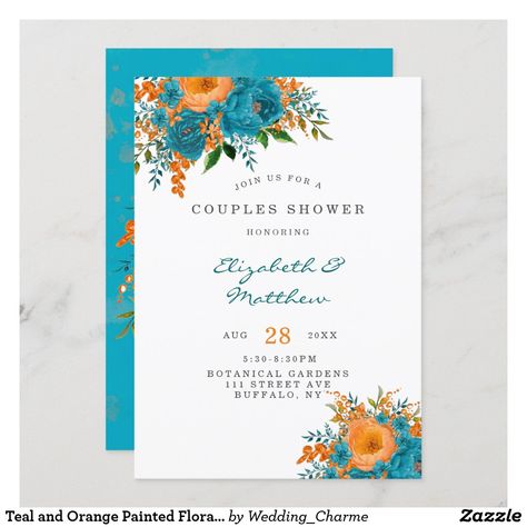 Teal and Orange Painted Florals Couples Shower Dark Teal And Burnt Orange Wedding Invitations, Turquoise And Orange Wedding, Orange And Teal Wedding, Orange Invitation, Orange Wedding Themes, Wedding Theme Color Schemes, Teal Wedding Invitations, Couples Shower Invitation, Orange Wedding Invitations