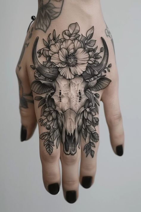 Cow Skull Tattoo with Flowers: Top Ideas and Designs Different Is Beautiful Tattoo, Skull Back Tattoos For Women, Flowers With Animals Tattoo, Western Skull Tattoos For Women, Women Skull Tattoo Ideas, Cow Skull Arm Tattoo, Cow Skull Floral Tattoo, Animal Skull Neck Tattoo, Half Cow Skull Half Flower Tattoo