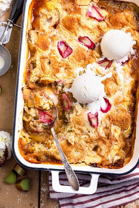 Easy From Scratch Rhubarb Dump Cake - Modern Farmhouse Eats Rhubarb Dump Cake, Rhubarb Dump Cakes, Homemade French Onion Dip, Homemade Cake Mixes, Easy Cakes, Cake Mix Ingredients, Lemon Butter Chicken, Mushroom Cream Sauces, Beer Cheese Dip