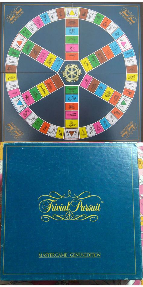 Trivial Pursuit is the original trivia game that started it all. Each player has a circular playing piece with six pie-shaped holes. The goal of the game is to collect a pie in each color. The colors correspond to different question categories. The board consists of a circular track with spaces in seven different colors. Six of the colors correspond to question categories while the last color gives a new dice roll. Family Channel, Trivial Pursuit, Roxy Music, Big Chill, Emotional Rollercoaster, Childhood Games, Trivia Game, The Breakfast Club, Going On A Trip