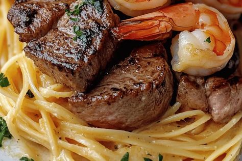 Steak and Shrimp Scampi with Garlic Butter Linguine Steak And Shrimp Scampi, Kinds Of Steak, Shrimp Linguine, Steak And Shrimp, Surf And Turf, Beef Tips, Shrimp Scampi, Garlic Shrimp, Linguine