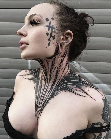 Neck And Jaw Tattoo, Blackwork Neck Tattoo, Black Neck Tattoo, Dark Neck Tattoo, Neck Sleeve Tattoo, Under Chin Tattoo, Neck Tats, Full Neck Tattoos, Dark Lettering